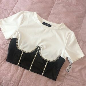 NWT - Akira T-shirt crop top with rhinestone embellished pleather underbust